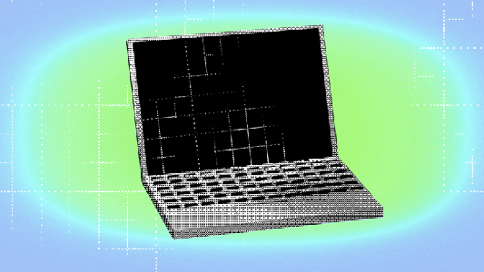 A pixelated illustration of a laptop on a blue and green gradient background. The screen and keyboard are shown in a grid-like pattern.
