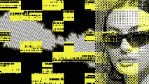 Graphic design featuring a woman in sunglasses overlaid with abstract yellow and black digital elements and barcodes.
