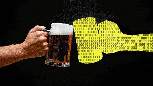 two hands toasting with beer mugs. One hand and mug has been replaced by streaming digital binary code