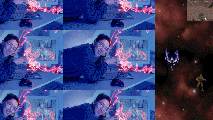 Person using a computer with pink light streaks surrounding; grid of repeated scenes showing various video game screens on the right, creating a vivid digital thresh.