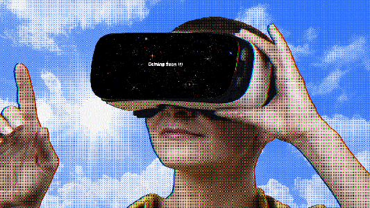 A person wears a VR headset with "Coming Soon!!!" displayed on the screen, extending one hand with a finger pointing upwards, against a blue sky with clouds background, symbolizing the intersection of technology and social media mental health awareness.