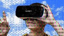 A person wears a VR headset with "Coming Soon!!!" displayed on the screen, extending one hand with a finger pointing upwards, against a blue sky with clouds background, symbolizing the intersection of technology and social media mental health awareness.