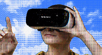 A person wears a VR headset with "Coming Soon!!!" displayed on the screen, extending one hand with a finger pointing upwards, against a blue sky with clouds background, symbolizing the intersection of technology and social media mental health awareness.