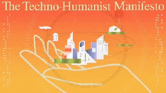 Illustrated cover of "The Techno-Humanist Manifesto" featuring a hand holding futuristic buildings and technology against an orange gradient background.