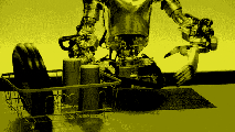 Embodied AI industrial robot arm conducting a sorting task with various objects.