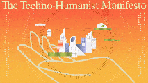 Illustrated cover of "The Techno-Humanist Manifesto" featuring a hand holding futuristic buildings and technology against an orange gradient background.