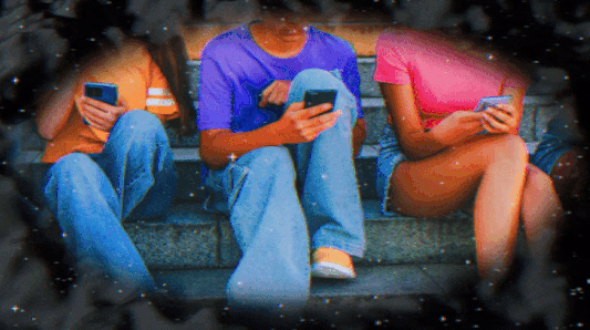 Three individuals sitting on steps, all engrossed in using their smartphones. The background appears blurry, with a dark and starry effect framing the scene.