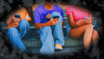 Three individuals sitting on steps, all engrossed in using their smartphones. The background appears blurry, with a dark and starry effect framing the scene.
