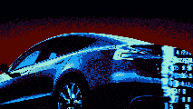 A sleek, modern car with glowing blue digital data and numbers overlayed on it, set against a dark background with a red gradient.