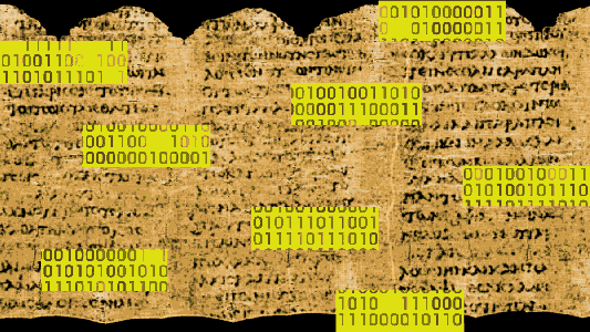 a gif combining text on an ancient scroll with computer code