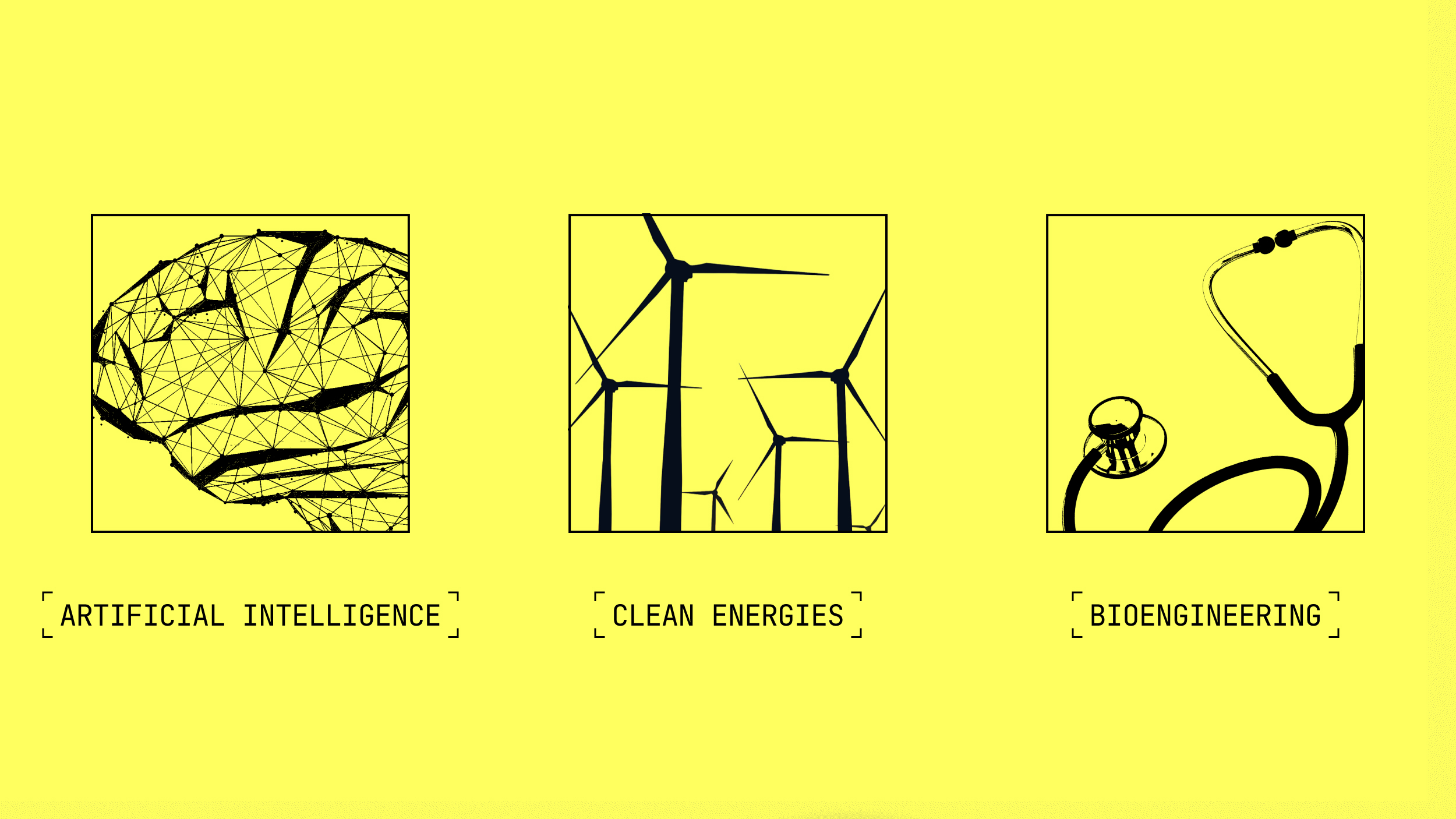 Three black line drawings on a yellow background represent artificial intelligence, clean energies with wind turbines, and bioengineering with a stethoscope and DNA.