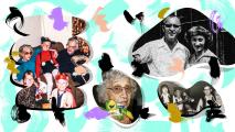 A collage of vintage family photos featuring adults and children, an elderly woman holding a toy—a symbol of longevity—and a couple, all overlaid with colorful abstract shapes.