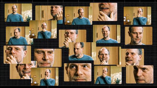 A collage of a middle-aged man in a blue shirt displays various facial expressions, including smiling, thinking, and touching his chin, set against wooden walls—reflecting the curiosity at the heart of Retro Biosciences' approach to longevity.