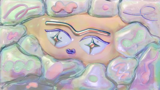 Abstract illustration of stylized eyes, eyebrow, and mouth surrounded by pastel-colored, jelly-like shapes with various patterns and textures—evoking a sense of cryopreservation through cool hues and frozen motifs.