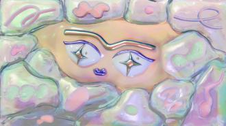 Abstract illustration of stylized eyes, eyebrow, and mouth surrounded by pastel-colored, jelly-like shapes with various patterns and textures—evoking a sense of cryopreservation through cool hues and frozen motifs.