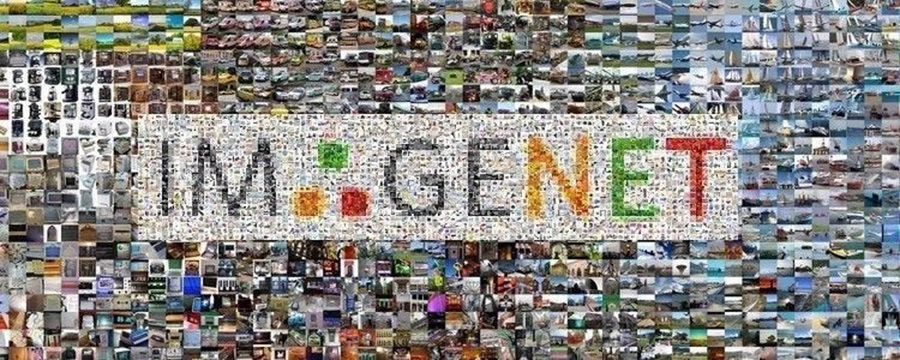 Collage of many small photos forming the word "IMAGENET" in large block letters, representing a large image dataset.