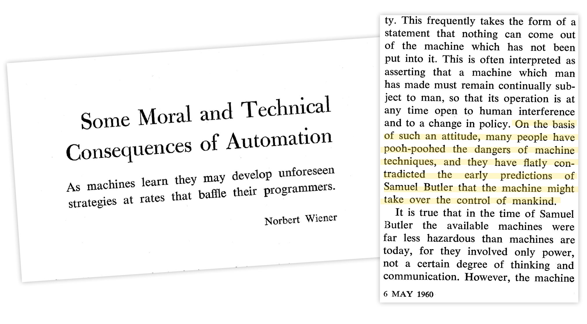 A book excerpt discusses automation's moral and technical impacts, highlighting skepticism about machine dangers and referencing Samuel Butler's early predictions.