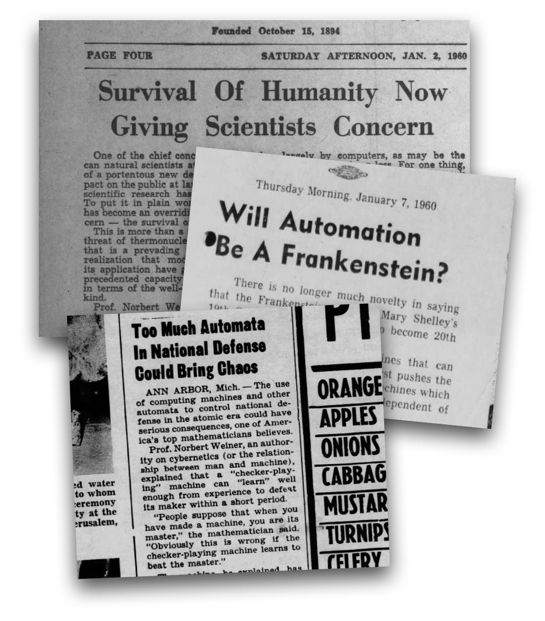 Three overlapping black-and-white newspaper clippings discuss automation, scientific concerns, and technology&rsquo;s potential dangers, including headlines about automation and national defense.