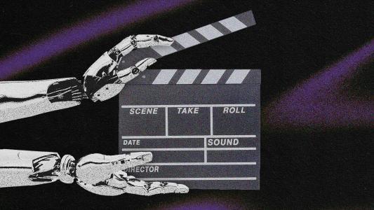 Two robotic hands are holding a movie clapperboard against a dark, textured background with purple streaks.
