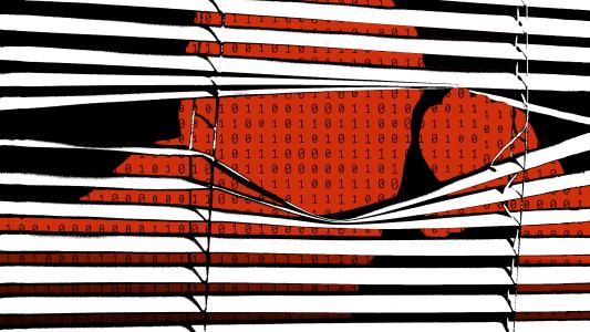 The image of a person filled with red binary code is shown peeking through partially opened black and white blinds