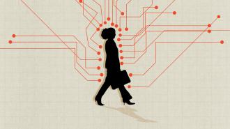 Silhouette of a person holding a briefcase, walking with red circuit-like lines radiating from their head on a beige background.