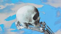 a robot is holding a skull in front of a blue sky.