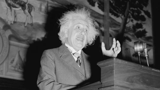 A man with wild white hair and a mustache, resembling Einstein, speaks passionately at a podium, raising one hand, with a microphone and mural in the background.