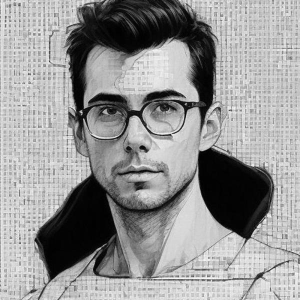 Black-and-white sketch of a young man with short dark hair, wearing glasses and a jacket, set against a textured, mosaic-like background.
