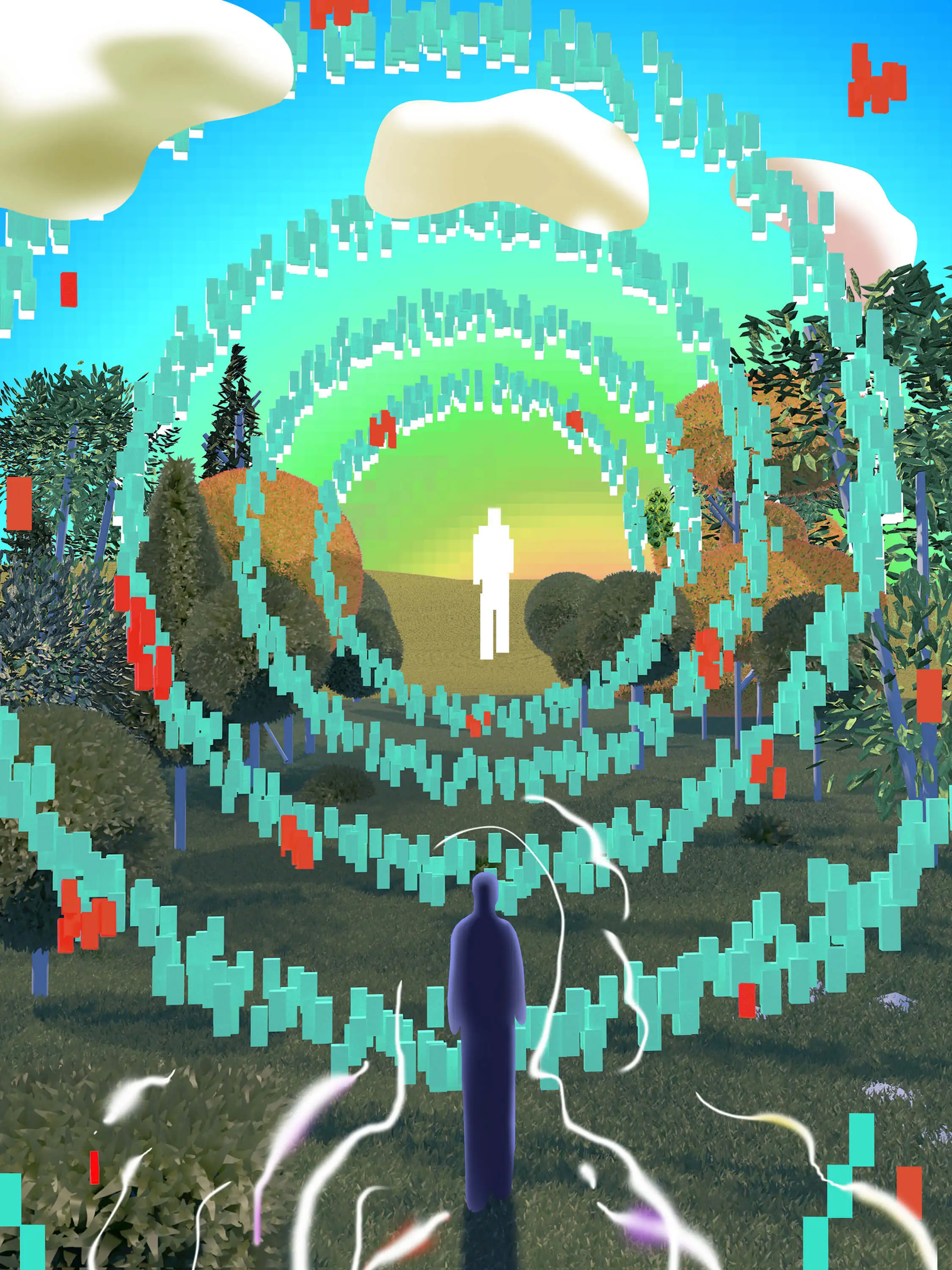A stylized figure stands in a digital landscape facing another figure, with pixelated rings radiating between them under a sky with clouds and lush trees.