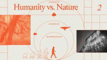 A graphic titled "Humanity vs. Nature" showing a human evolutionary timeline, biocentrism, ecocentrism, and ethos depictions of nature, including a tree, a bird, and marine life.