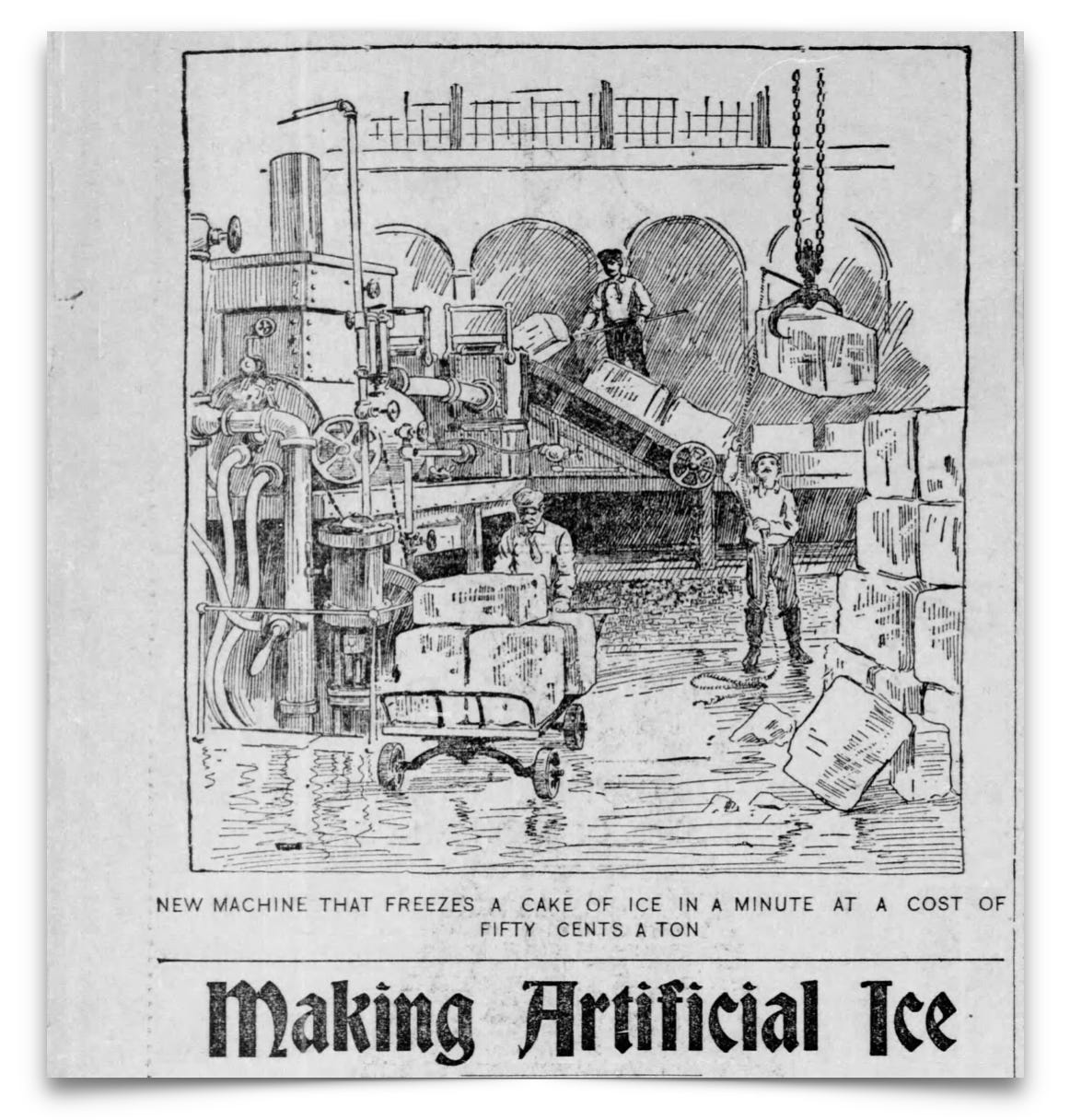 Black-and-white illustration of workers operating machinery to produce and transport large blocks of artificial ice in an industrial setting.
