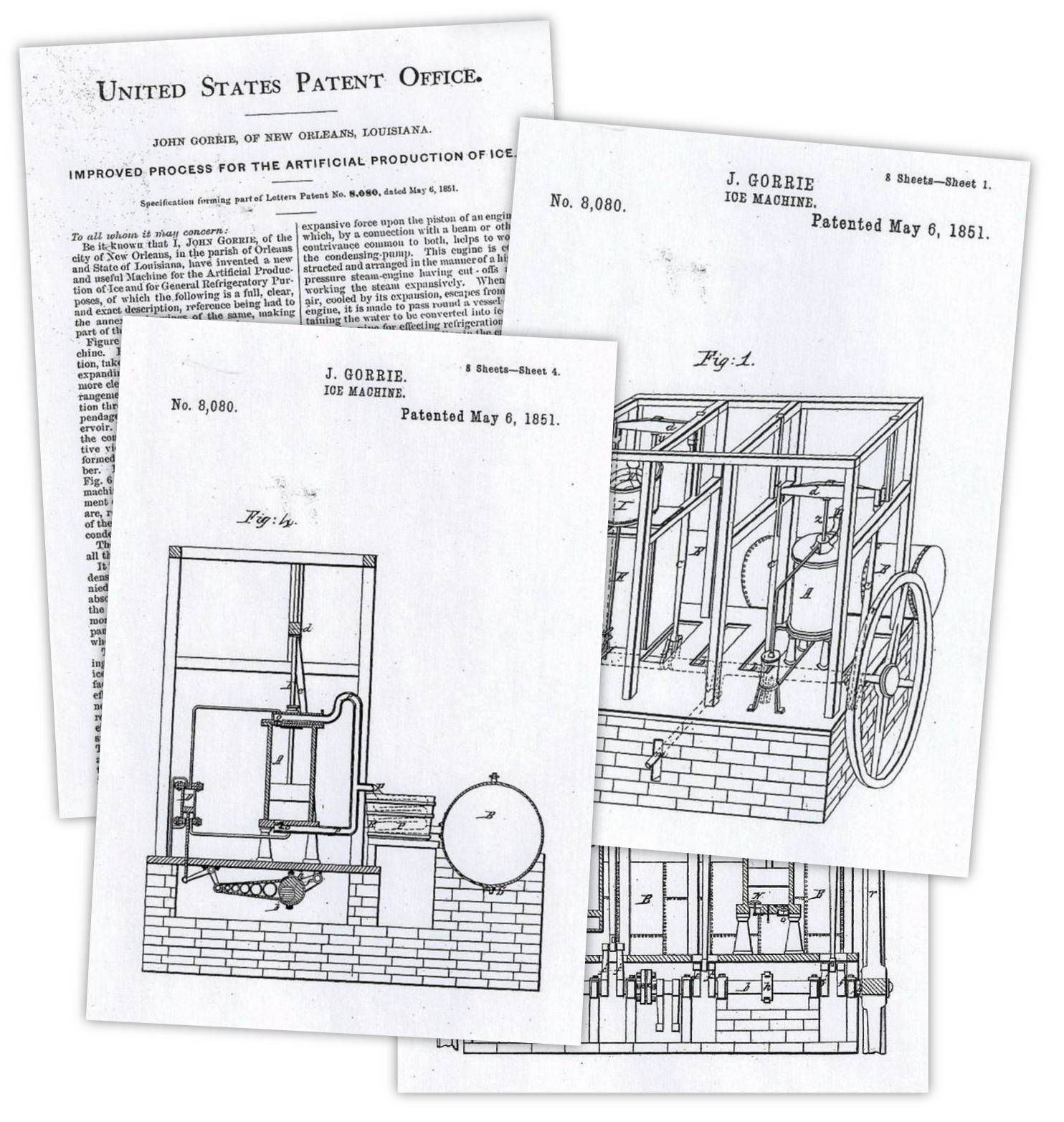 Patent documents and technical drawings for John Gorrie&rsquo;s 1851 ice machine, showing mechanical schematics and official patent text from the United States Patent Office.
