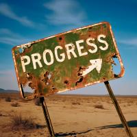 A heavily rusted and damaged sign reading "PROGRESS" with an arrow stands tilted in a barren desert landscape under blue sky.