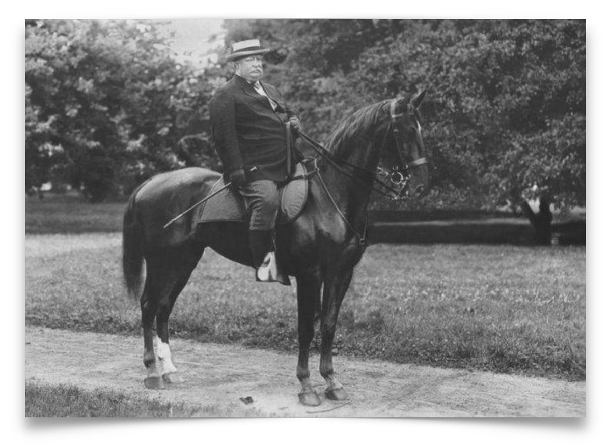 A man in a suit and hat sits on a dark horse on a dirt path, surrounded by grass and trees in the background.