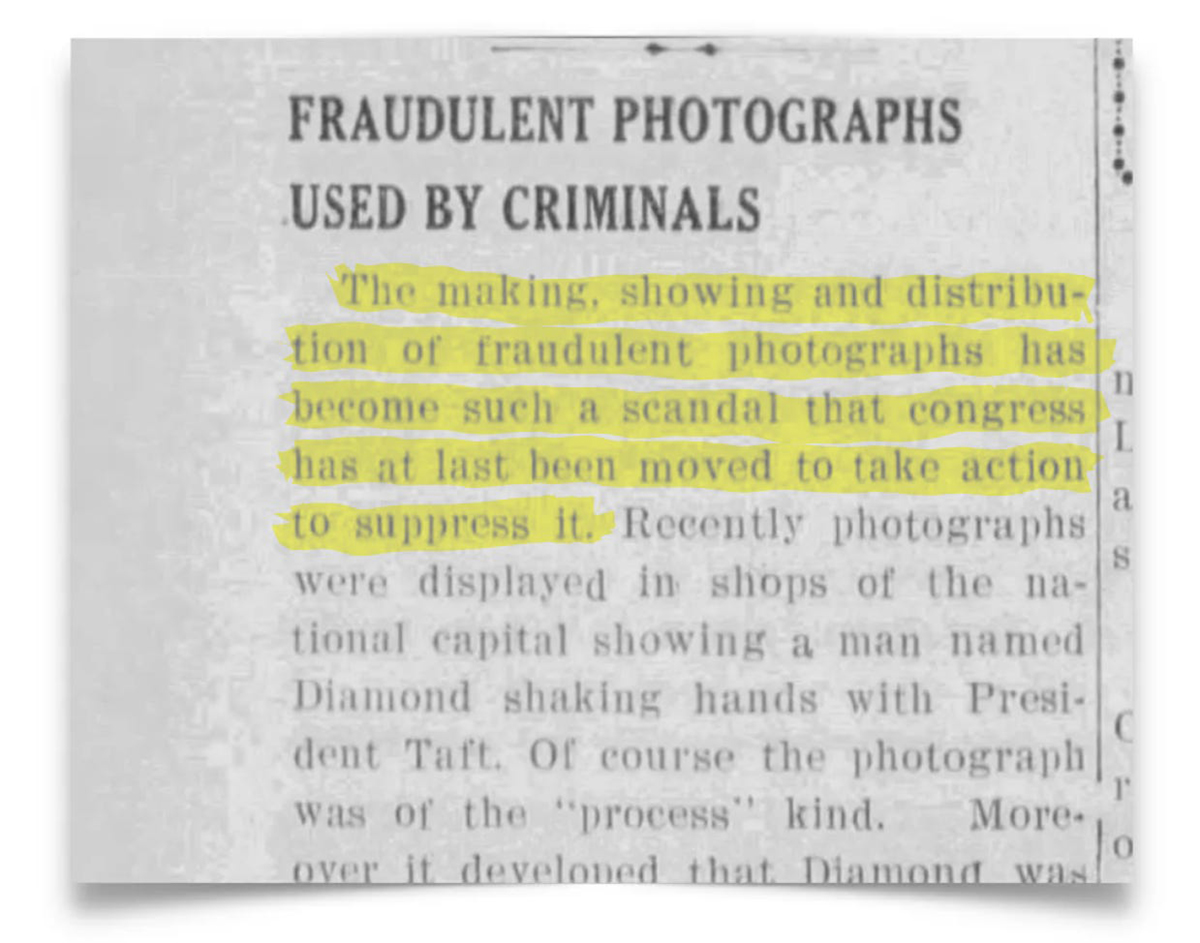 A newspaper clipping discusses congressional action to suppress the spread of fraudulent photographs used by criminals. Text is highlighted.