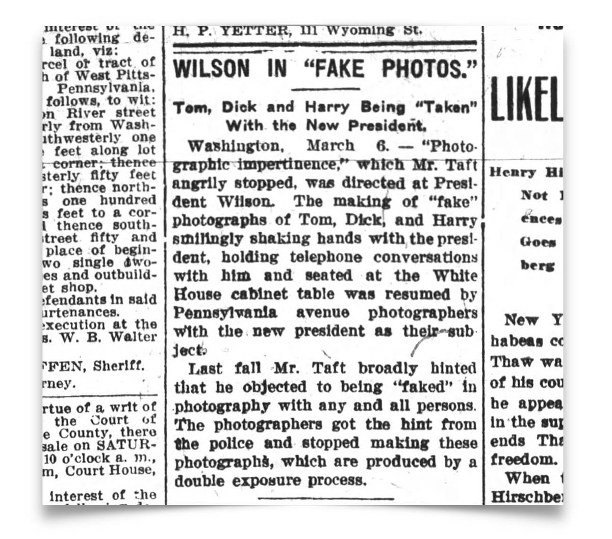 A newspaper clipping features several articles; a bold headline in the center reads &ldquo;Wilson in &lsquo;Fake Photos&rsquo;.&rdquo; The text discusses photos of Tom, Dick, and Harry being staged.