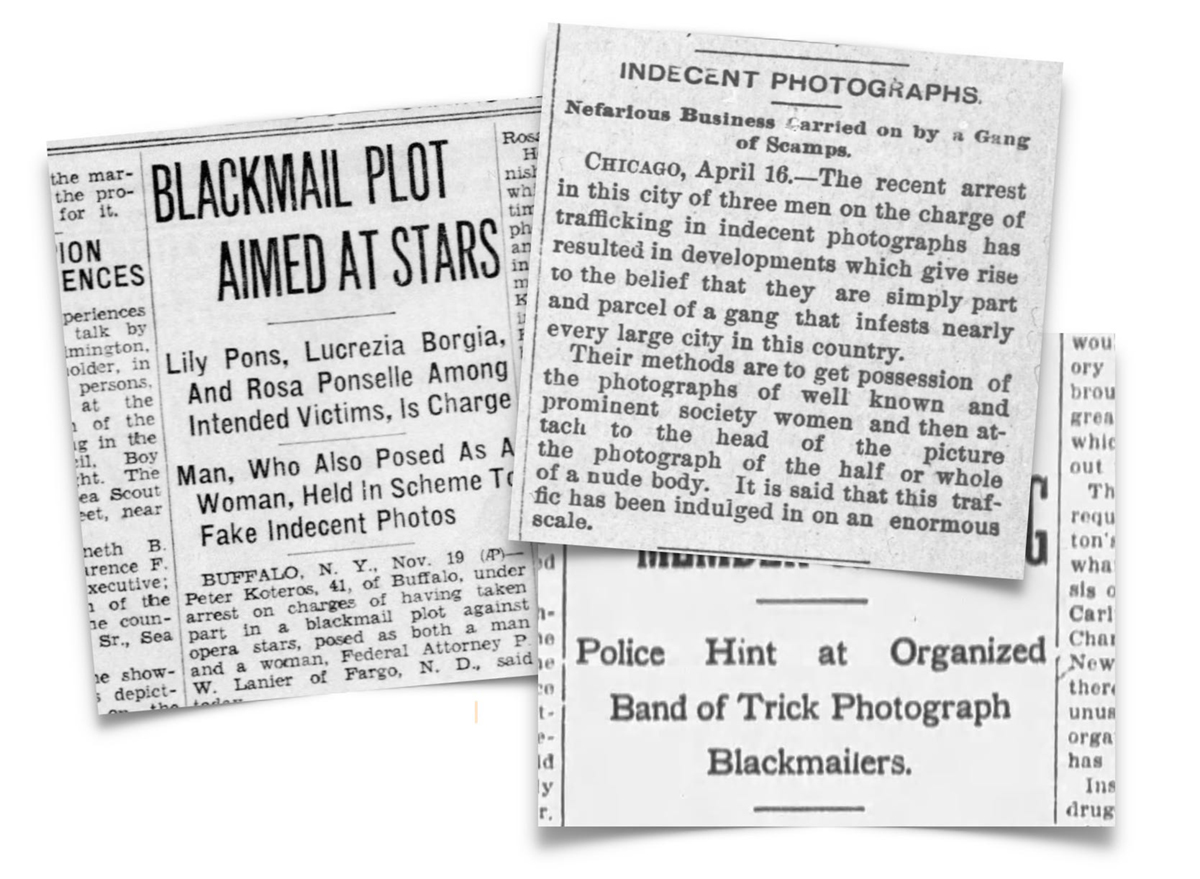 Three vintage newspaper clippings report on scandals involving blackmail and the use of fake or indecent photographs targeting celebrities and the public.