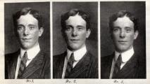 Three black-and-white portrait photos of the same man in a suit, labeled No. 1, No. 2, and No. 3, displaying different facial expressions.