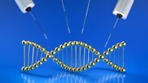 A gold DNA double helix structure is surrounded by three syringes with needles on a blue background.