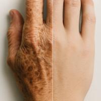 A close-up of a hand divided down the center, with one side appearing wrinkled and spotted, and the other side smooth and youthful.