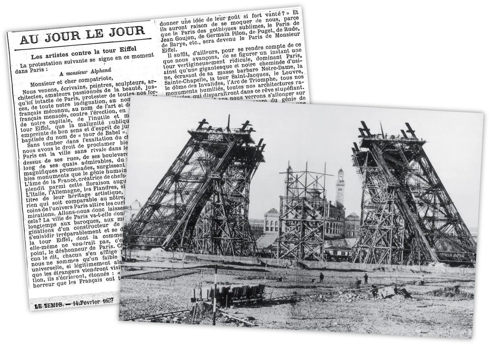 A black and white photo shows the early construction of the Eiffel Tower next to a French newspaper article criticizing the project.