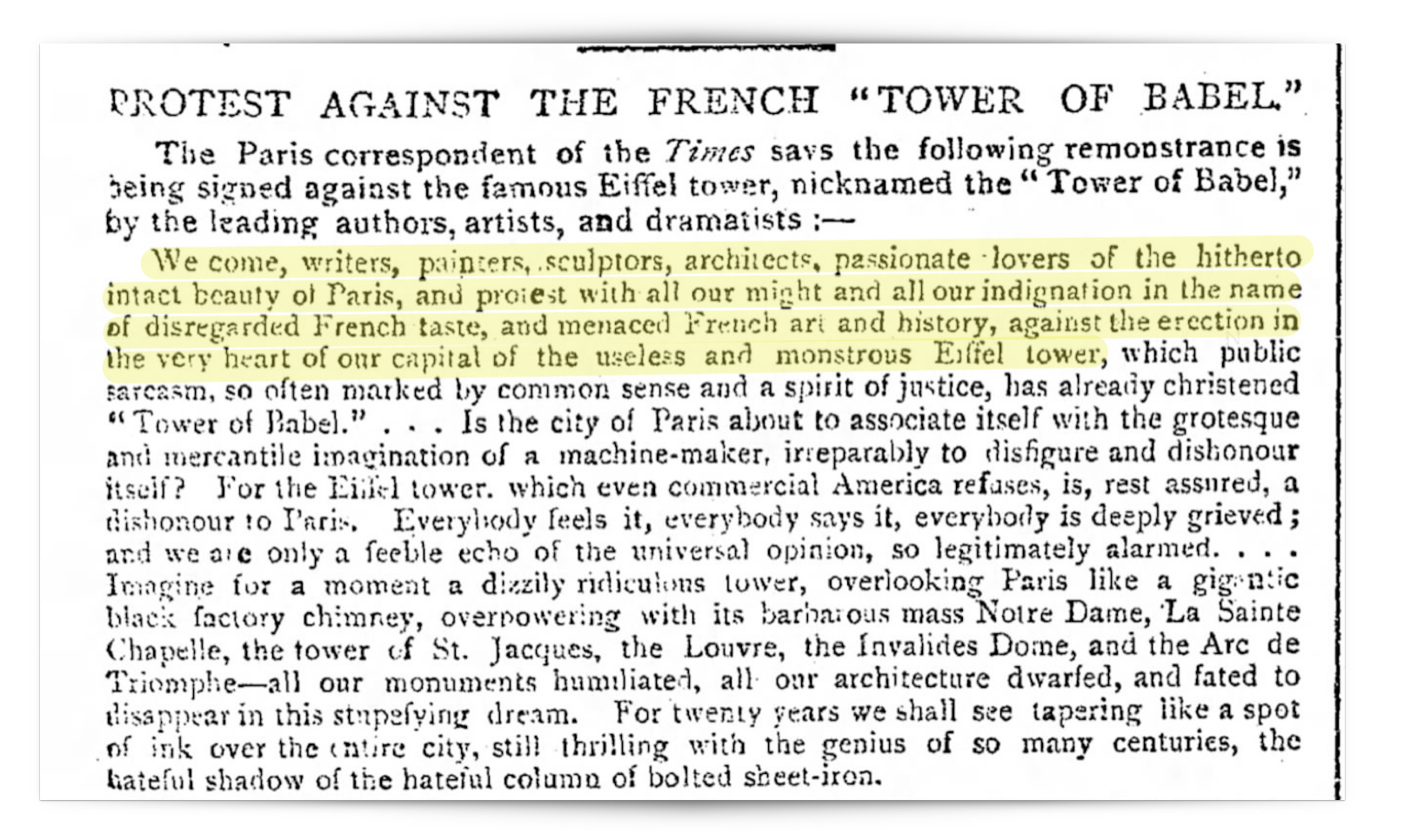 A newspaper clipping discusses a protest by artists and intellectuals against the construction of the Eiffel Tower, criticizing its design and impact on Paris.