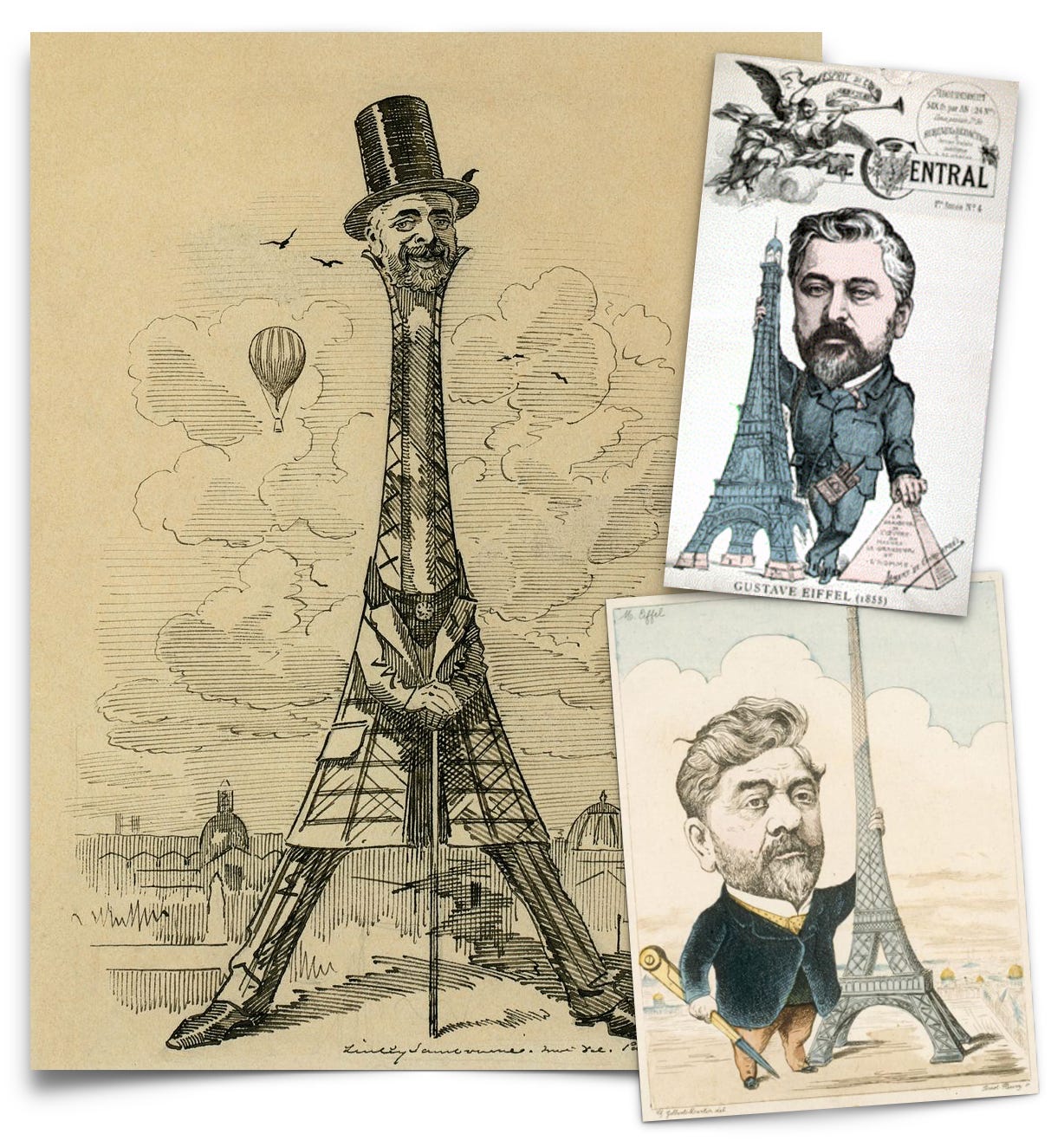 Three vintage caricatures depict a man with features merged with the Eiffel Tower, symbolizing his association with the structure, in different illustrative styles.