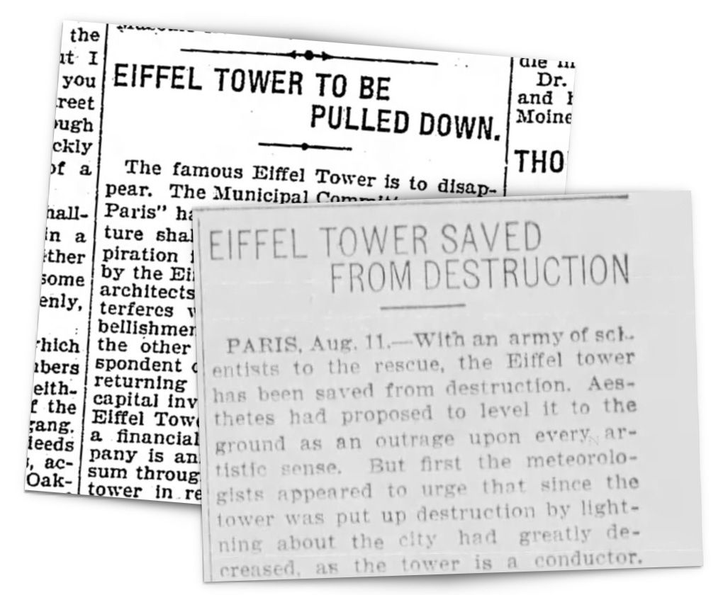 Two overlapping newspaper clippings: one headline reads "EIFFEL TOWER TO BE PULLED DOWN," the other reads "EIFFEL TOWER SAVED FROM DESTRUCTION.