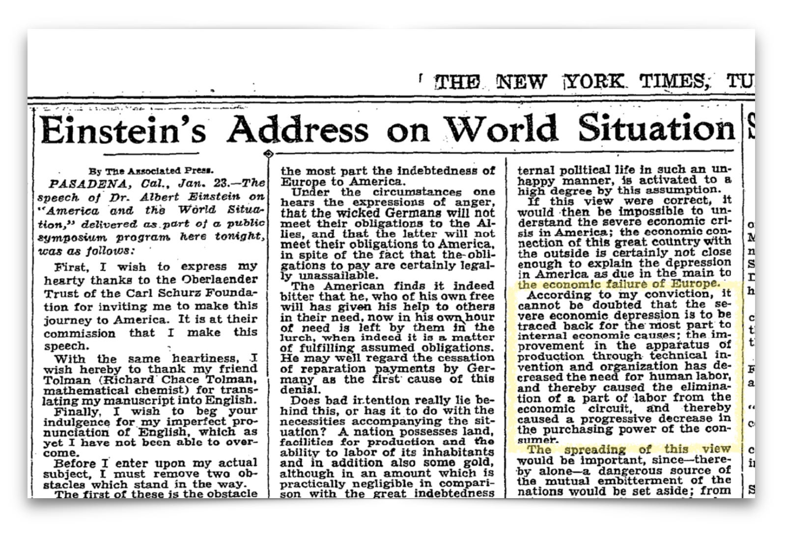 A newspaper clipping titled "Einstein&rsquo;s Address on World Situation," featuring text from a speech by Albert Einstein regarding global economic and political issues.