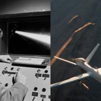 Split image: Left side shows a person operating radar equipment. Right side displays a drone flying over a landscape.