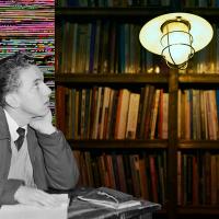 A person sits at a desk looking thoughtfully to the side. Behind them is a bookshelf full of books and a lit hanging lamp. The background has colorful static interference.