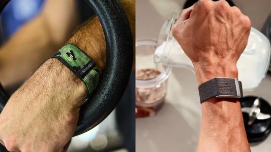Close-up of two arms showcasing cutting-edge wearables. The left wrist, adorned with a sleek smart wristband, confidently grips a steering wheel, while the right arm, sporting another innovative band, skillfully pours milk from a jug.