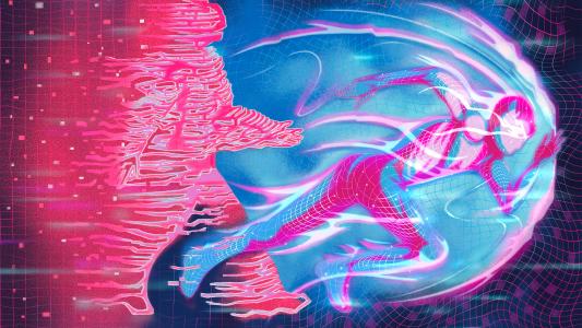 A digital illustration of a humanoid figure in a running pose, surrounded by glowing energy, with pixelated and wireframe effects against a blue and pink background.