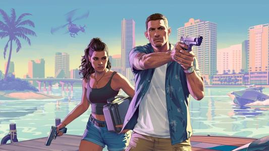 A man and woman with guns stand on a dock with a police boat, helicopter, and city skyline in the background under a clear sky, capturing the action-packed vibe of GTA 6.